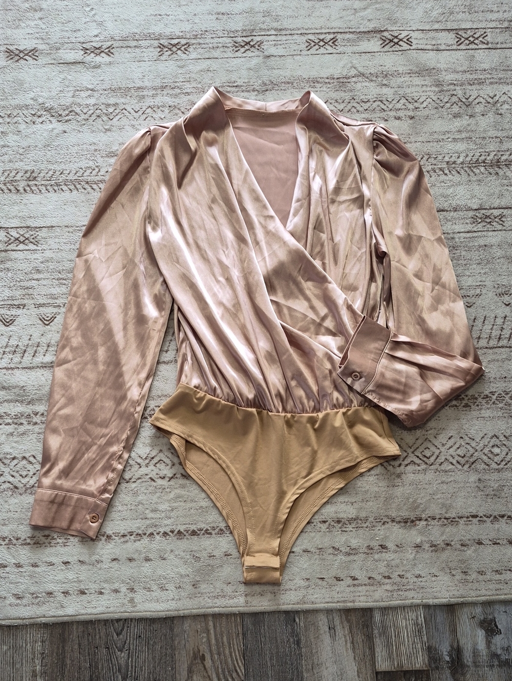 SHEIN Satin Wrap Bodysuit in Blush and Tan
